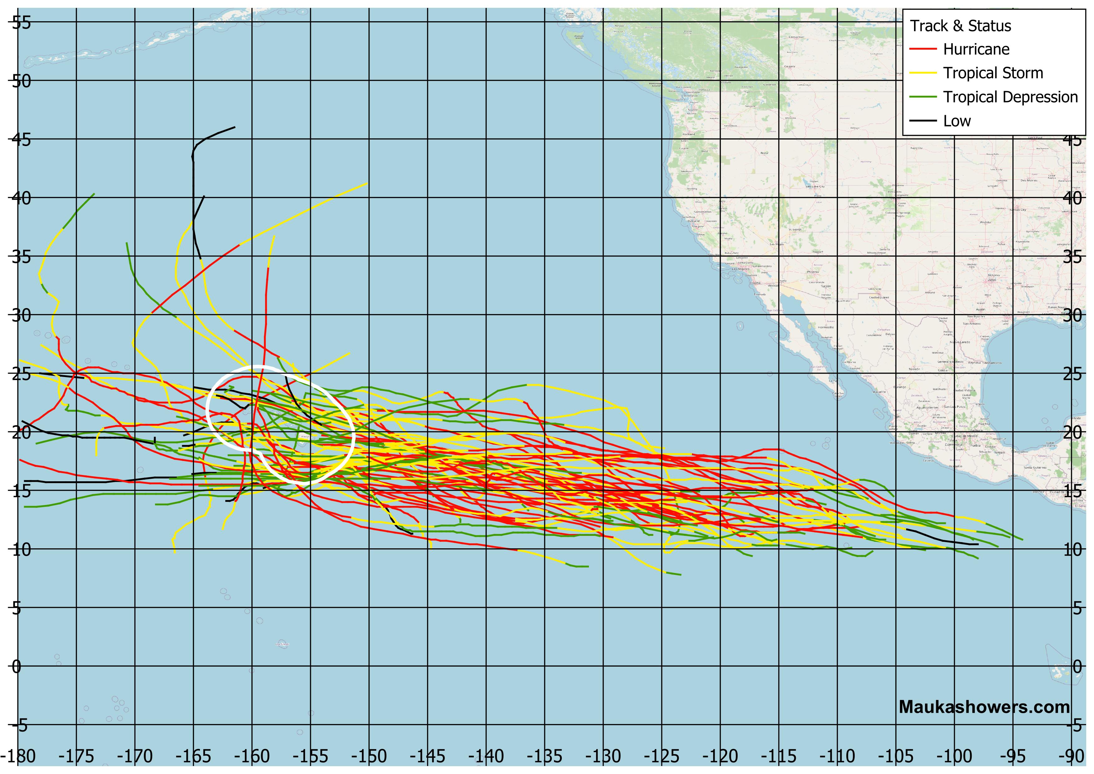 Tracks of tropical cyclones that move within 200 nautical miles of the Hawaiian Islands from 1950-2025.